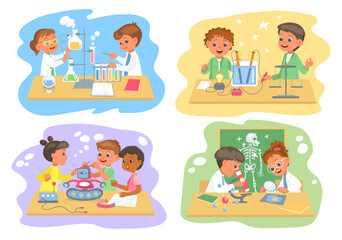 Wall Mural - Little students work in laboratories. Happy children in practical biology or chemistry lessons. Physics class. Young scientists study. Kids group programming robots. Splendid vector set