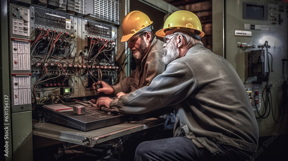 Two maintenance engineers inspect relay protection system with laptop ...