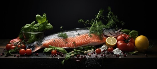 Poster - A salmon fish with various ingredients placed on a black table.