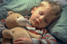 Sweet Baby Boy, Dressed In A Soft Teddy Bear Overall, Peacefully Sleeps On A Cozy Bed, Snuggled Up With His Favorite Stuffed Animal, Creating An Adorable And Heartwarming Scene	