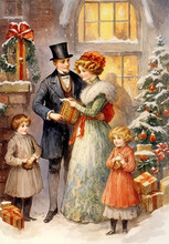 Vintage Christmas Card, Ephemera, Victorian Christmas Family, Junk Journal, Card Set, Antique Collage, Retro Christmas Cards Of 19th Century, Christmas Family Evening