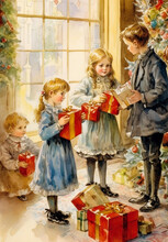 Vintage Christmas Card, Ephemera, Victorian Christmas Family, Junk Journal, Card Set, Antique Collage, Retro Christmas Cards Of 19th Century, Christmas Family Evening