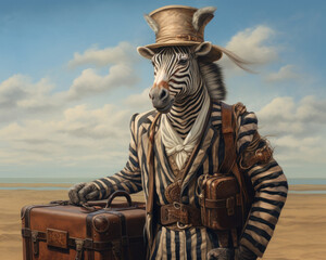 an anthropomorphic zebra dressed as a travel guide. Travel and safari concept