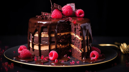 Chocolate cake with raspberries on a black background