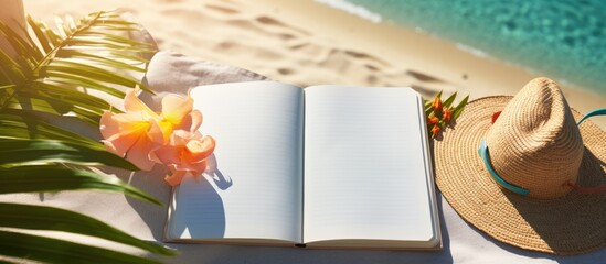 Poster - A writing book with summer beach accessories is shown in the background, with copy space available. is a flat lay, and there are no special symbols present.