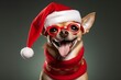 Divertido perro pequeño vestido de Navidad con gorro rojo y gafas, felicitación navideña original con espacio para texto 