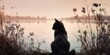 Camping con gato domestico, viaje a la naturaleza con gato, amanecer en el lago con gato, silueta de gato frente al río en el bosque 