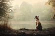 Perro de paseo en la naturaleza, perro grande mirando el lago, mascota pensativa en el bosque