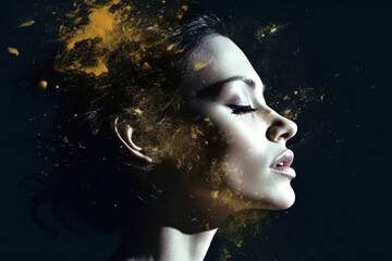 Wall Mural - Woman portrait profile with dispersion and dissolve effect. Generative AI AIG27.