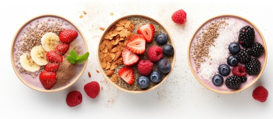 Poster - A plant-based diet concept featuring a vegan smoothie bowl with chia pudding, berries, and granola, presented in a coconut shell on a white background. Top view with copy space.