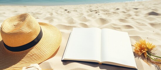 Poster - A writing book with summer beach accessories is pictured on a background, with copy space. There are no special symbols included.