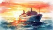 Travel illustration. Cruise ship in the sea . Art, minimalism, romanticism, watercolors, pastels. Generative AI.