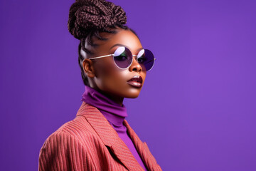 Edgy fashion, trendy and black woman with sunglasses in a studio with mockup space, Stylish, creative and portrait of an african girl influencer or model standing by a bright purple background