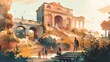 Travel illustration. Tourists in ancient roman ruins. Art, minimalism, romanticism, watercolors, pastels. Generative AI.