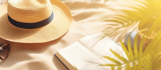 Poster - A writing book with summer beach accessories is seen in the background, with copy space available. is captured in a flat lay style.