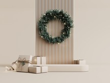 3d Render Of Christmas Card. Festive Pastel Background With Christmas Wreath, Gifts And Garland. Modern Minimalist Podium, Showcase For Product Presentations And Advertising. Happy New Year Banner.