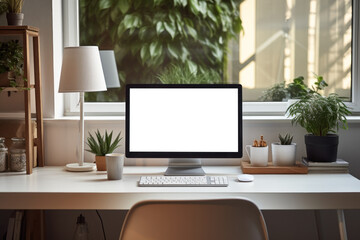 Fototapete - Workspace with computer and supply on table, Empty screen computer with Generate Ai.