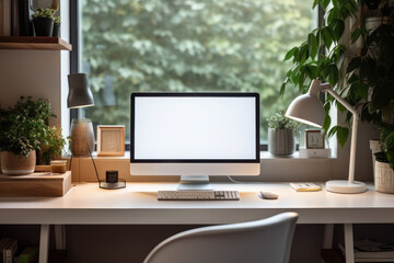 Fototapete - Workspace with computer and supply on table, Empty screen computer with Generate Ai.
