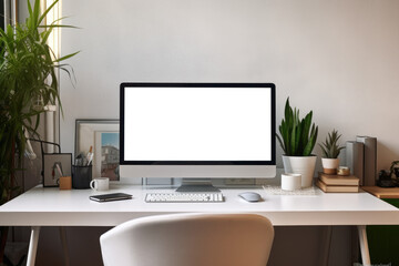 Fototapete - Workspace with computer and supply on table, Empty screen computer with Generate Ai.