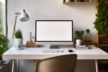 Fototapete - Workspace with computer and supply on table, Empty screen computer with Generate Ai.