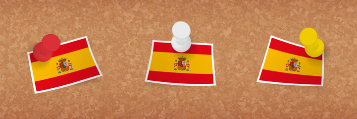 Sticker - Spain flag pinned in cork board, three versions of Spain flag.