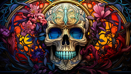 Illustration in stained glass style with a Skull on a dark background. generative AI