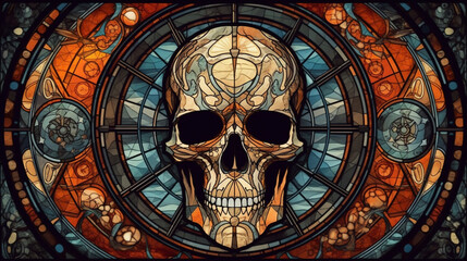 Wall Mural - Illustration in stained glass style with a Skull on a dark background. generative AI