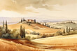 Painting watercolor of Tuscany, Italy landscape, Tuscany landscape with fields, meadows, cypress trees and houses on the hills, Italy landmark, Tuscany, Europe, generative ai
