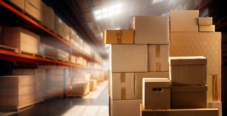 Poster - Warehouse with boxes. Storage interior. Cardboard boxes in hangar. Industrial warehouse with skylights.Hangar with warehouse racks. Storage area for industrial company. distribution, logistics