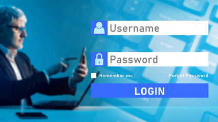 Poster - Background with login form. Gaining access to site. Man enters his username and password. Businessman with phone is blurred. Need for authorization to access. Man is being identified