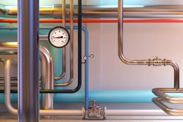 Poster - industrial pipes. boiler background. manometer on steel pipe. industrial engineering communications.