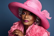 Older Black Woman With Pink Makeup, A Pink Shirt And A Hat