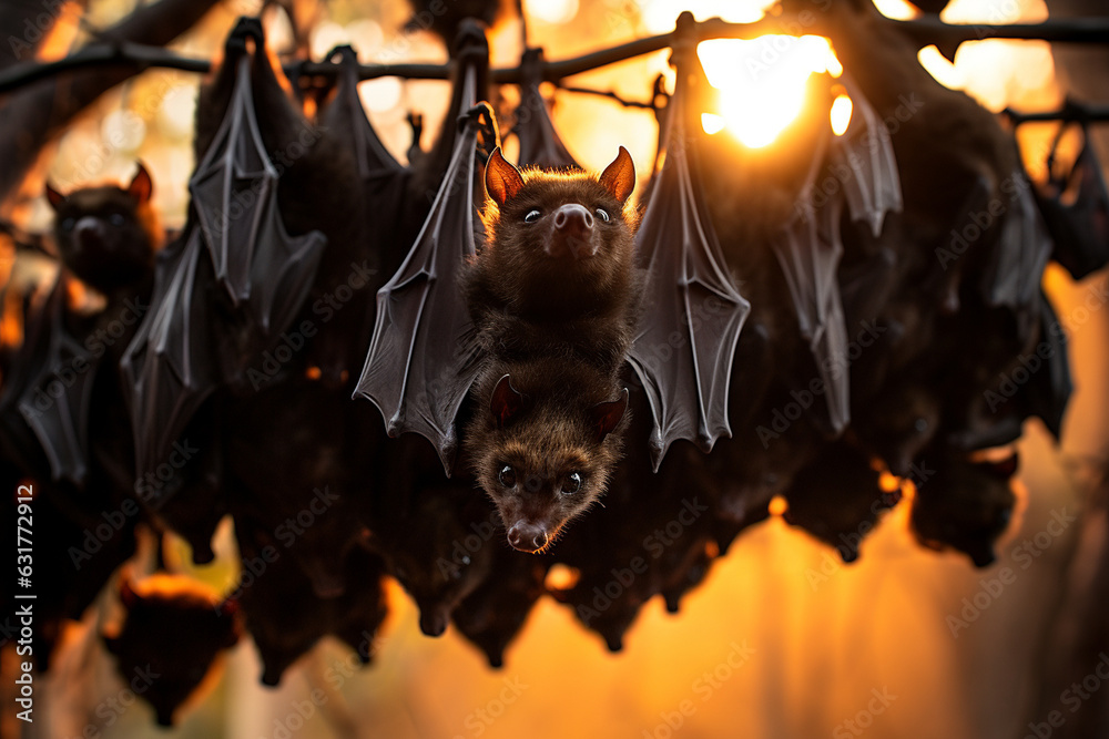 shot of a bat colony hanging upside down from tree branches, displaying ...