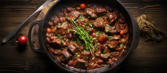 Wall Mural - A view from the top of a meat stew made with beef cooked in a red wine sauce. The meat is roasted or braised and cooked slowly in a cast iron pan. (Copy space available)