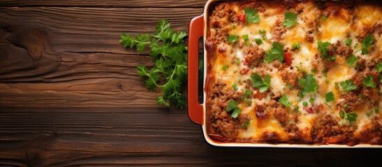 Poster - Lasagna with Bolognese sauce and minced beef displayed in a baking dish. wooden background and is captured from a top view, providing ample space for copying.