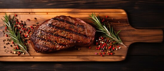 Poster - A top-down view of grilled beef steak with spices on a cutting board, with space for adding text.