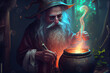elderly alchemist monk brews magic potion
