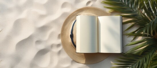 Poster - A writing book with beach accessories on a background, with space for writing and a flat lay setup.