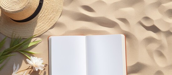 Poster - A blank writing book with summer beach accessories in the background, providing copy space. is a flat lay with plenty of room for writing.