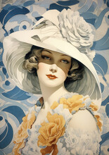 Vintage Portrait Of Beautiful Woman In White Hat.