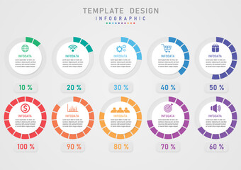 Wall Mural - infographic template circle divided into multi colored sections The button below has a percentage number. In the middle of the white circle there are letters and icons with a gray gradient background.