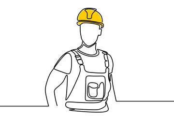 Wall Mural - Single continuous line drawing of young construction worker. Building architecture business concept. One line draw design transparent background PNG	