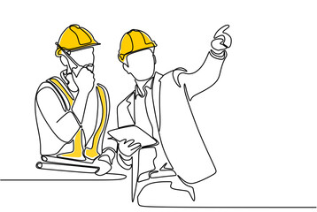Single continuous line drawing of young construction manager giving instruction to builder coordinator at site meeting. Building architecture business concept. One line draw design vector