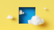 © NeoLeo - 3d rendering, abstract background. White clouds fly inside the square blue hole on the yellow wall. Minimalist modern wallpaper