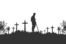 Crying Soldier. On War Cemetery. Black Silhouette. Vector Illustration Desing.