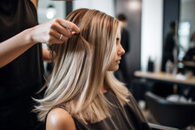 Hands Of Unrecognizable Professional Hairdresser Drying Hair Of Her Client, New Haircut, Blonde Female Customer