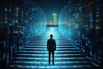 businessman climbing stair with virtual graphic network diagram, digital online marketing, internet 