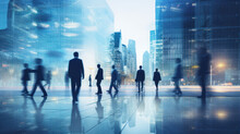Generative AI. Abstract Motion Blur Image Of Business People Crowd Walking At Corporate Office In City Downtown, Blurred Background, Business Center Concept, Blue Color Tone.