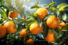Orange Fruits With Water Drops On Green Branches Of Orange Trees , Close Up. Outdoor. Generative Ai