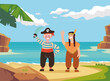 © PrettyVectors - Pirate on island sea shore concept. Vector flat graphic design illustration